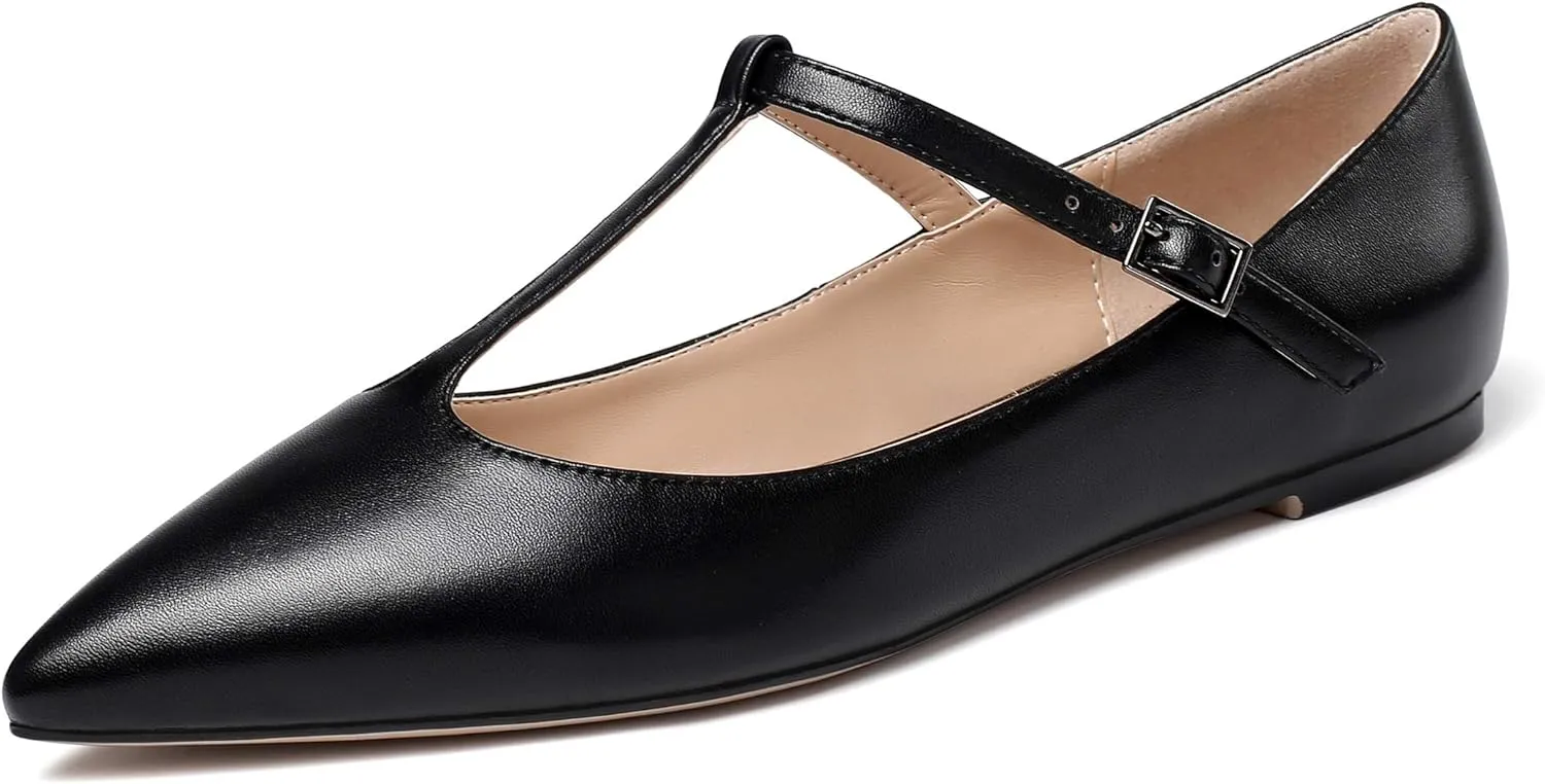 Eldof Women's Pointed Flat Pumps, T-Strap Flat Pumps, Comfortable Flat for The Office Wedding and Dress