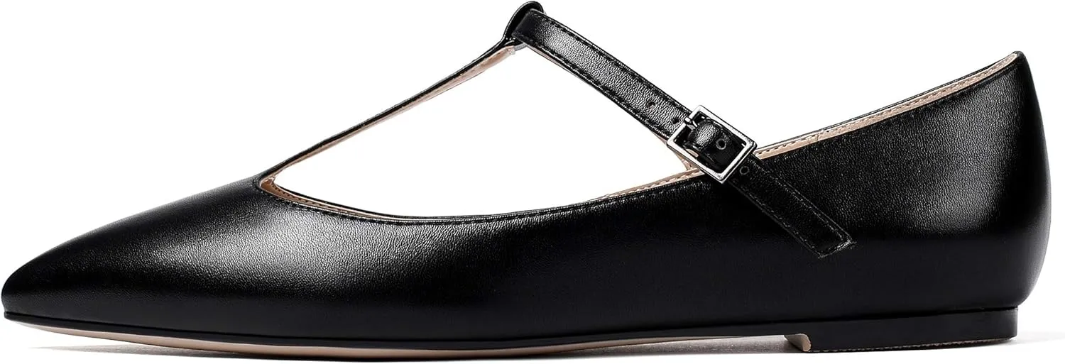 Eldof Women's Pointed Flat Pumps, T-Strap Flat Pumps, Comfortable Flat for The Office Wedding and Dress