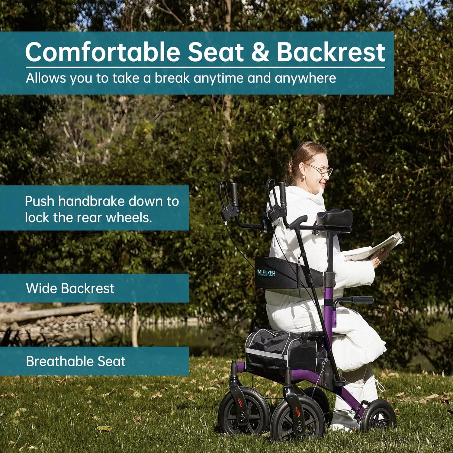 ELENKER All-Terrain Upright Rollator Walker, Stand up Rolling Walker with Seat, 12” Non-Pneumatic Wheels, Compact Folding Design for Seniors, Purple