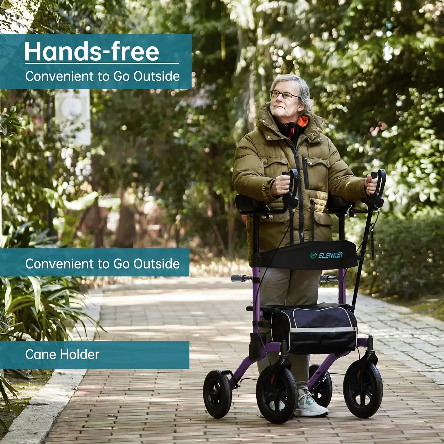 ELENKER All-Terrain Upright Rollator Walker, Stand up Rolling Walker with Seat, 12” Non-Pneumatic Wheels, Compact Folding Design for Seniors, Purple