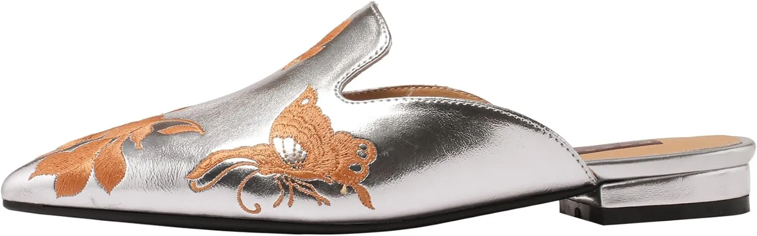 Embroidered Mules for Women Pointed Toe Flat Slides with Butterfly and Floral Design