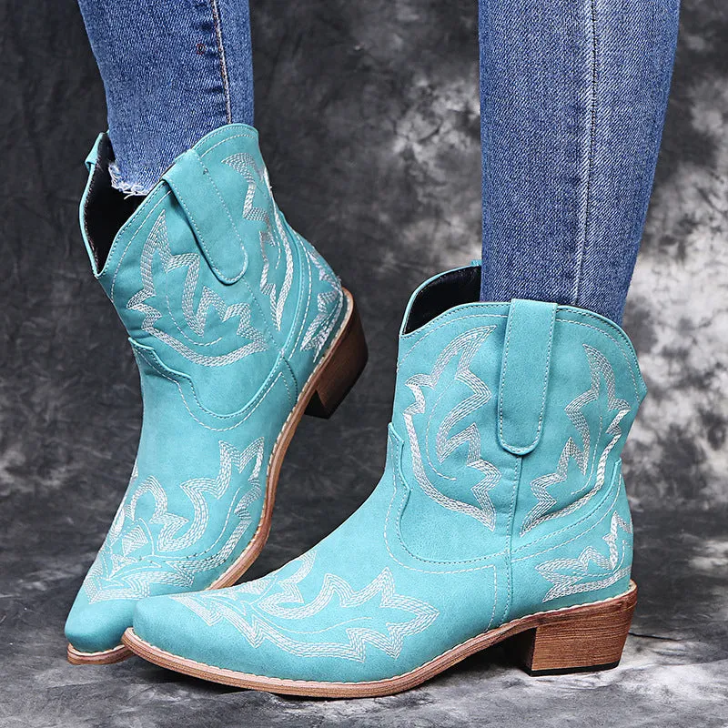Embroidered Pointed Leather Boots