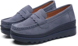 EnllerviiD Women's Platform Loafers Slip-On Comfortable Suede Moccasins Wedge Penny Loafers Casual Business Work Shoes