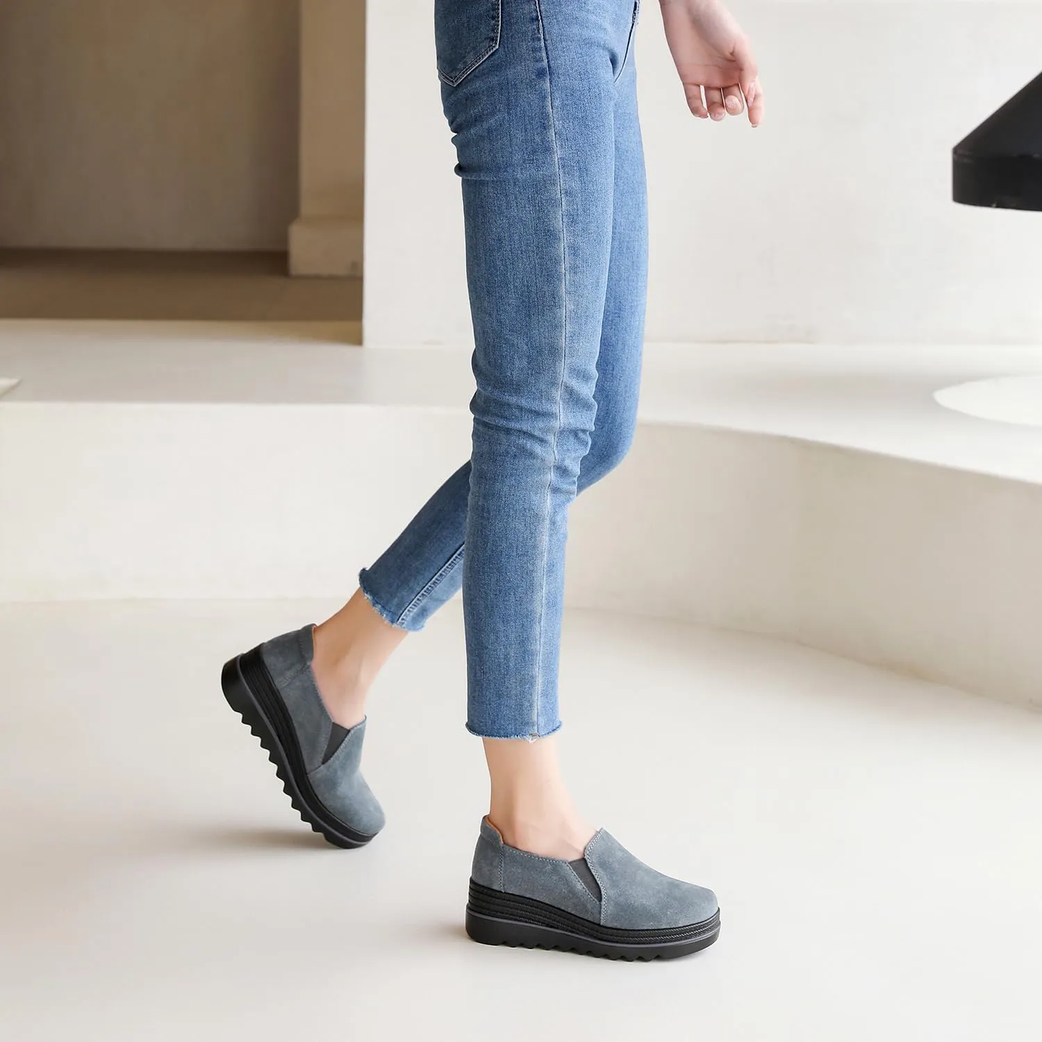 EnllerviiD Women's Platform Loafers Slip-On Comfortable Suede Moccasins Wedge Penny Loafers Casual Business Work Shoes