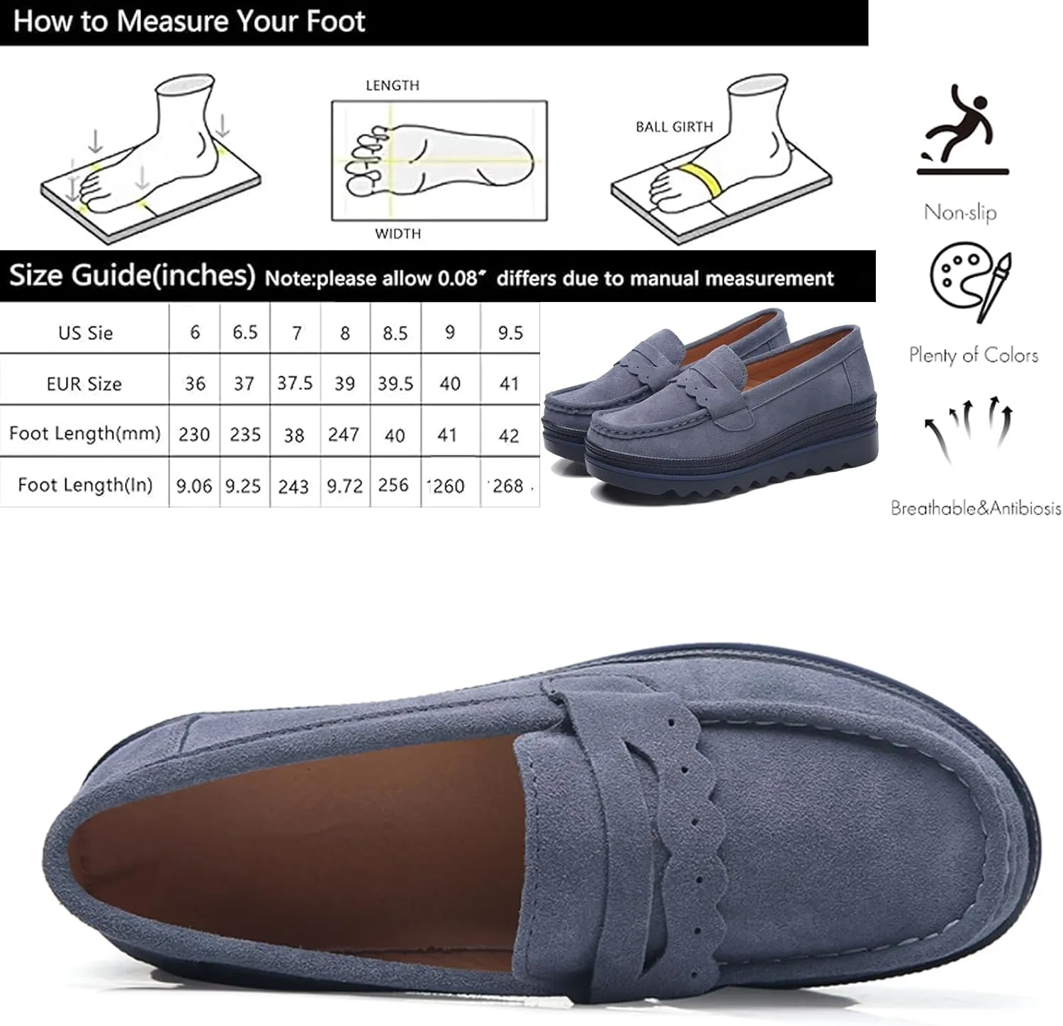 EnllerviiD Women's Platform Loafers Slip-On Comfortable Suede Moccasins Wedge Penny Loafers Casual Business Work Shoes