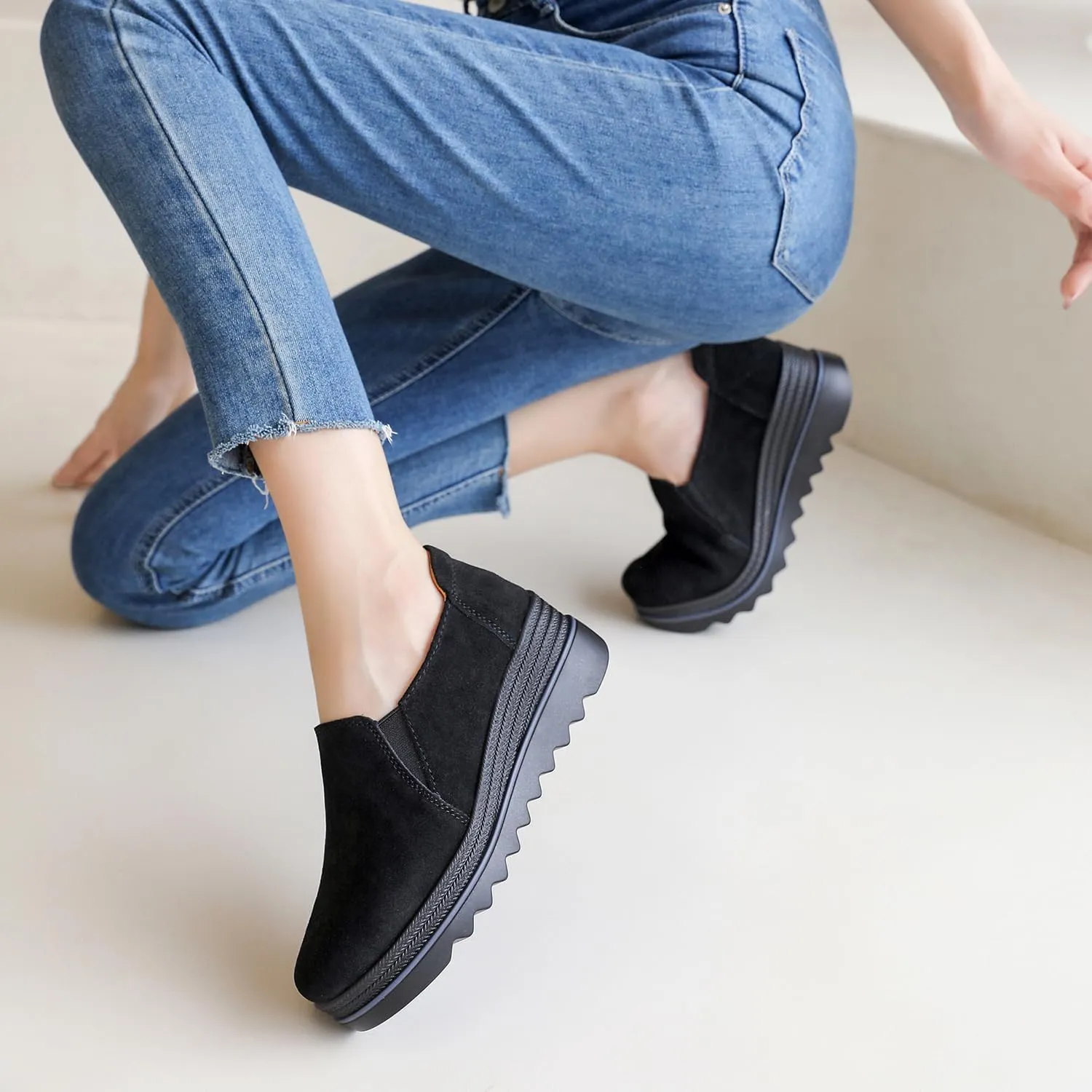 EnllerviiD Women's Platform Loafers Slip-On Comfortable Suede Moccasins Wedge Penny Loafers Casual Business Work Shoes