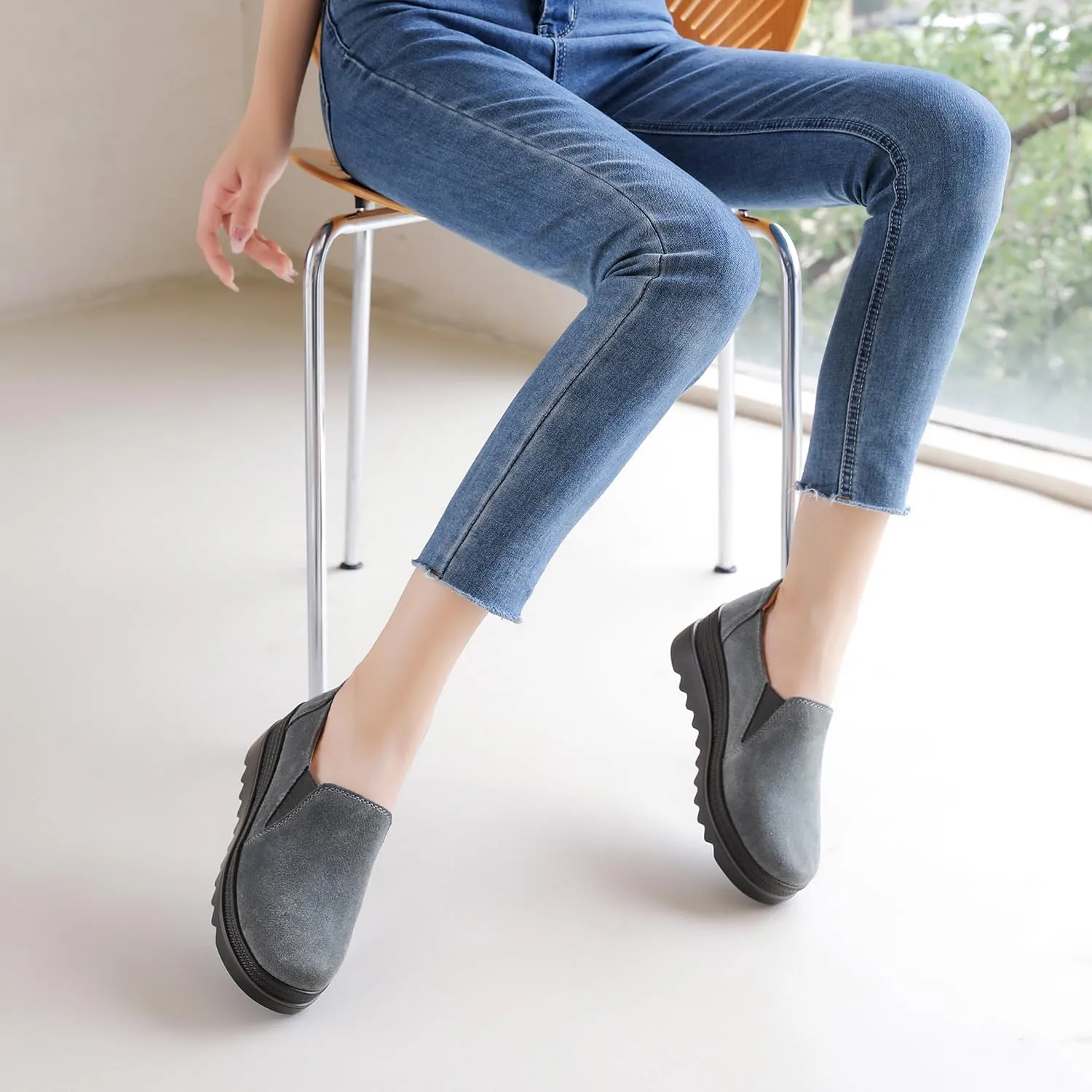 EnllerviiD Women's Platform Loafers Slip-On Comfortable Suede Moccasins Wedge Penny Loafers Casual Business Work Shoes