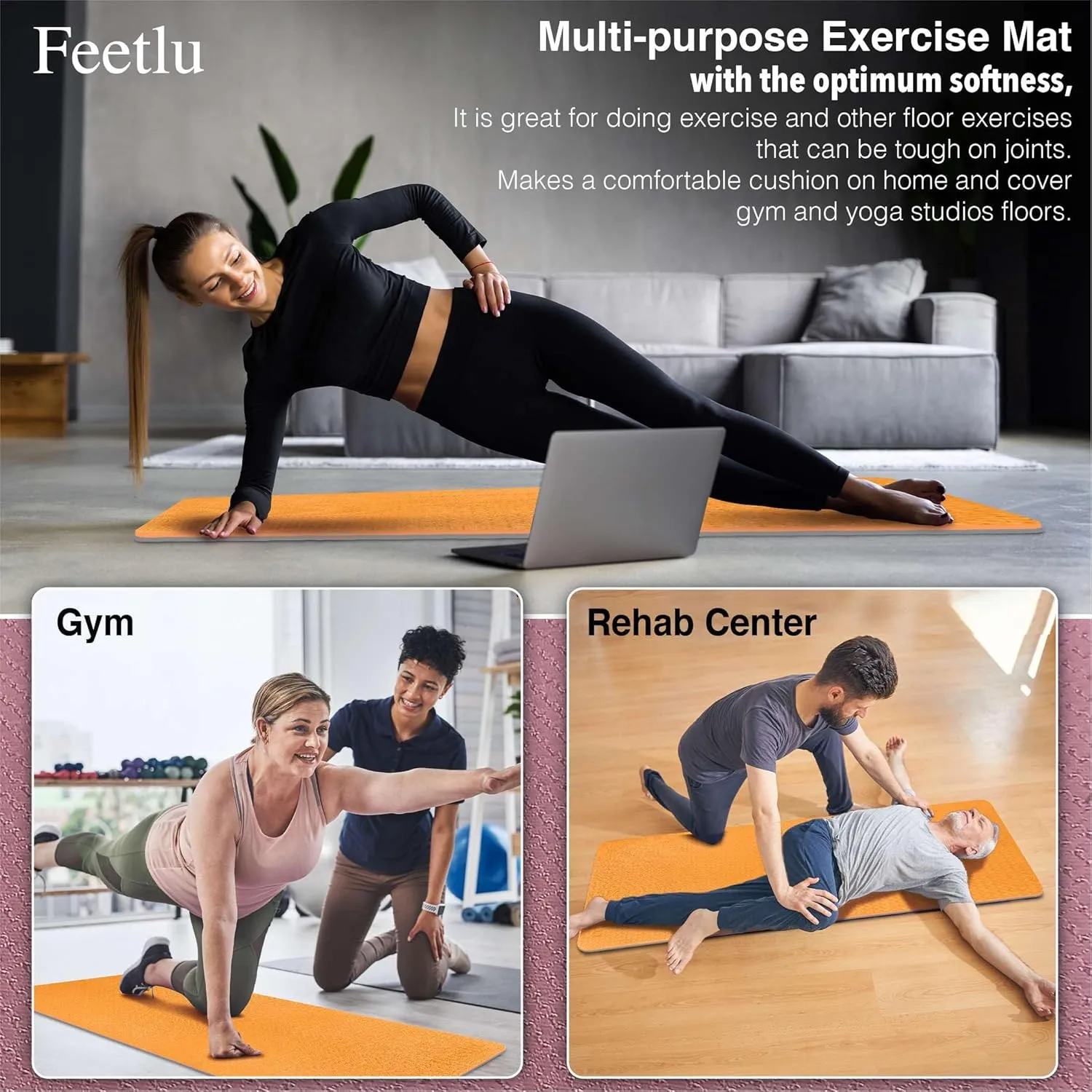 Extra Thick Exercise Yoga Mat with Strap - 2/5 Inch (10MM), Non-Slip Workout Mat for Yoga, Pilates, and Floor Exercises