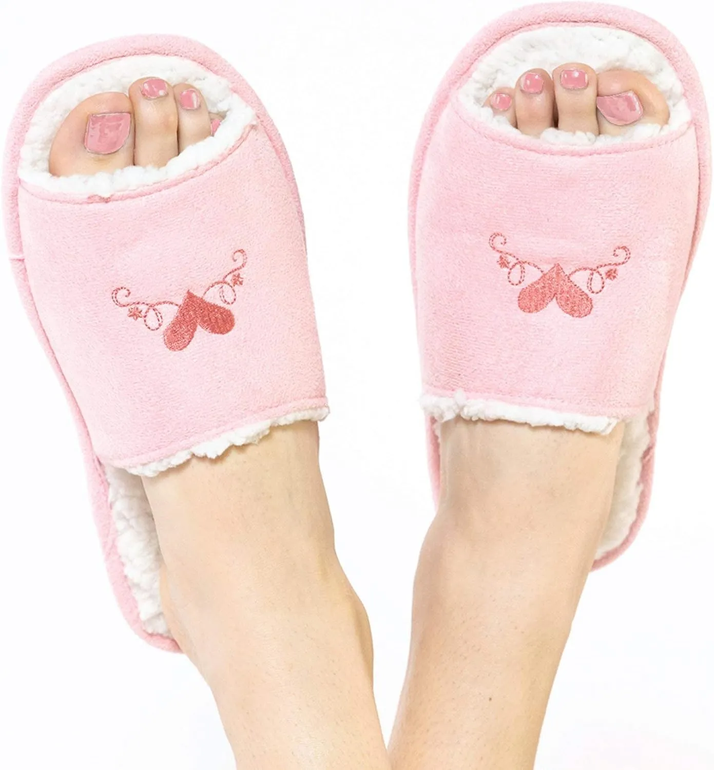 Faceplant Dreams Love Design - Vegan Pink Suede Slides Fluffy Heart Slipper Footsies