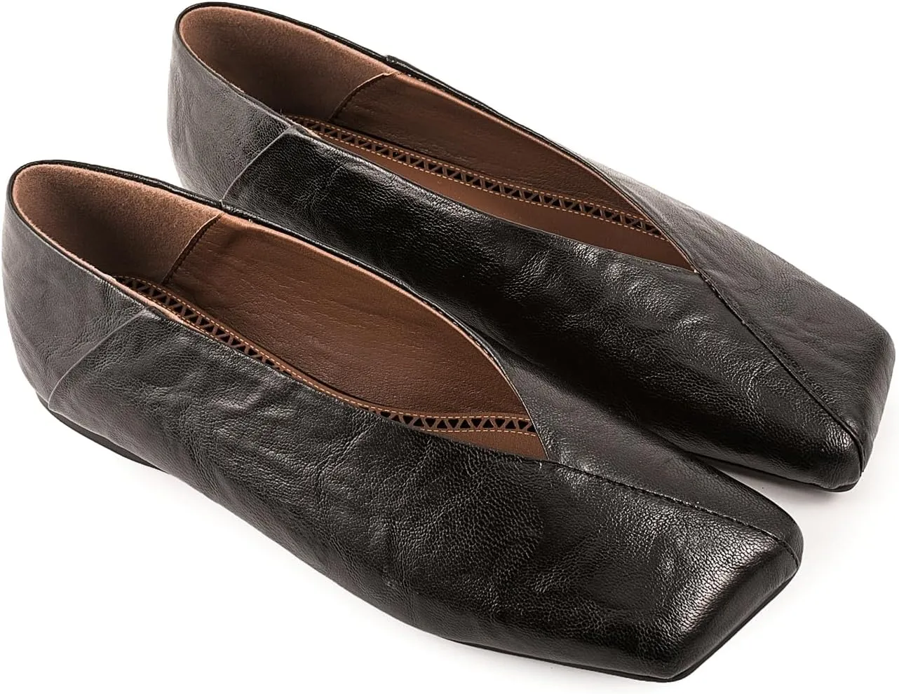 Fandimeier Women's Leather Ballet Flats Squared Toe Comfortable Dressy Slip On Walking Shoes for Casual Work