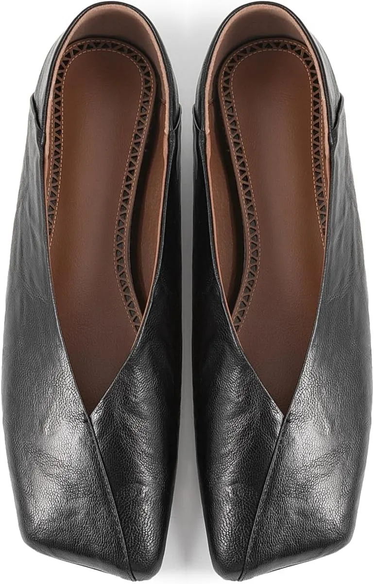 Fandimeier Women's Leather Ballet Flats Squared Toe Comfortable Dressy Slip On Walking Shoes for Casual Work