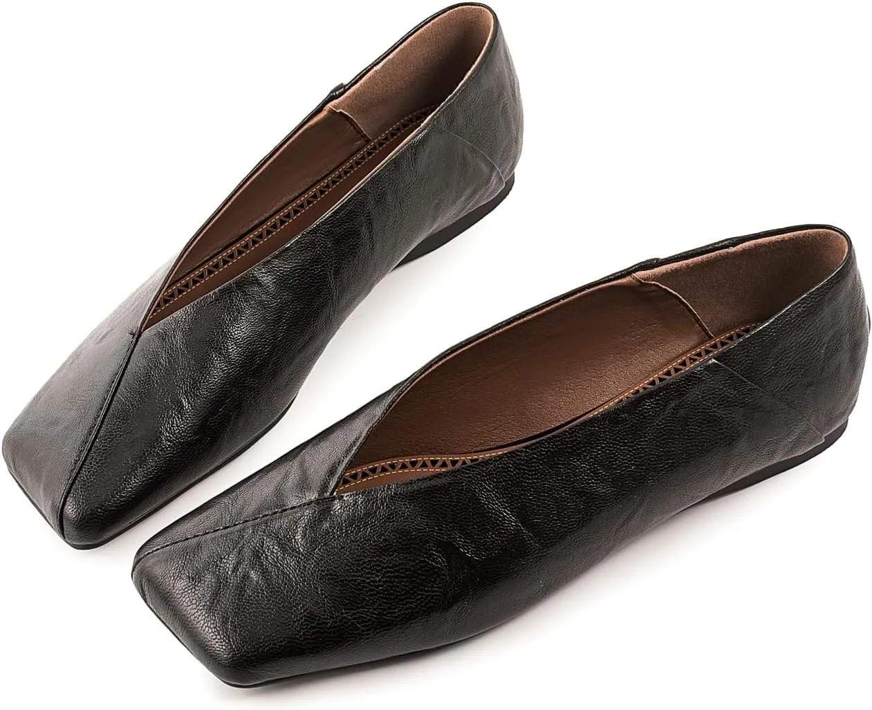 Fandimeier Women's Leather Ballet Flats Squared Toe Comfortable Dressy Slip On Walking Shoes for Casual Work