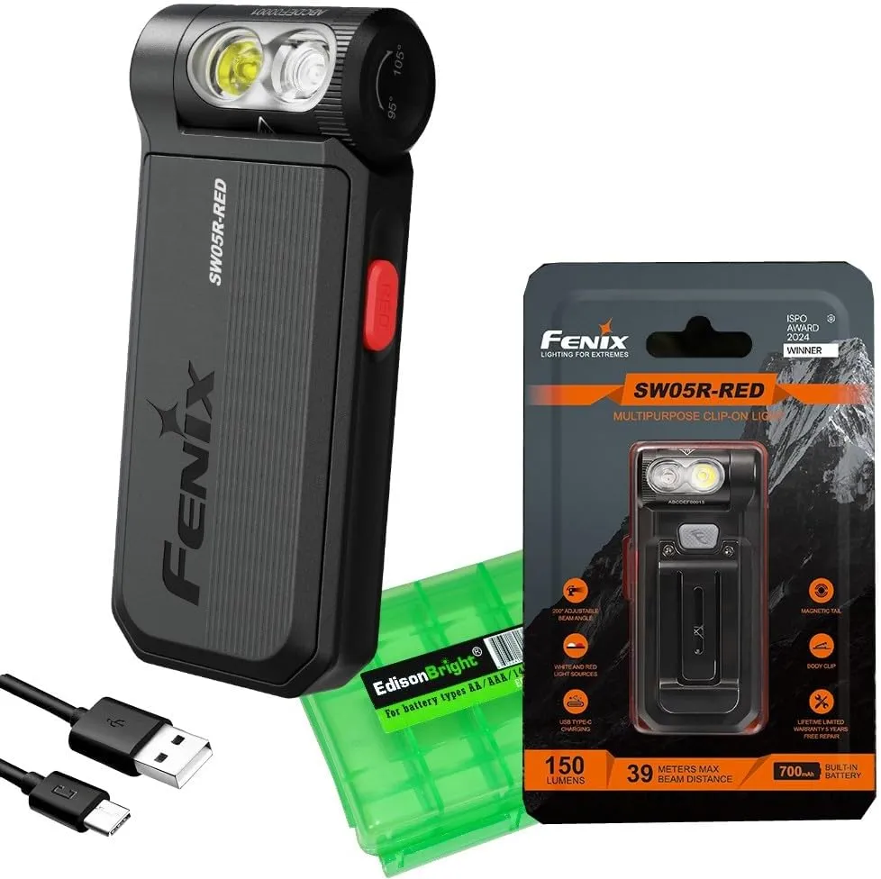 Fenix SW05R-RED Clip On Flat Body swival Flashlight with Red Light with EdisonBright Accessory case Bundle (Black)