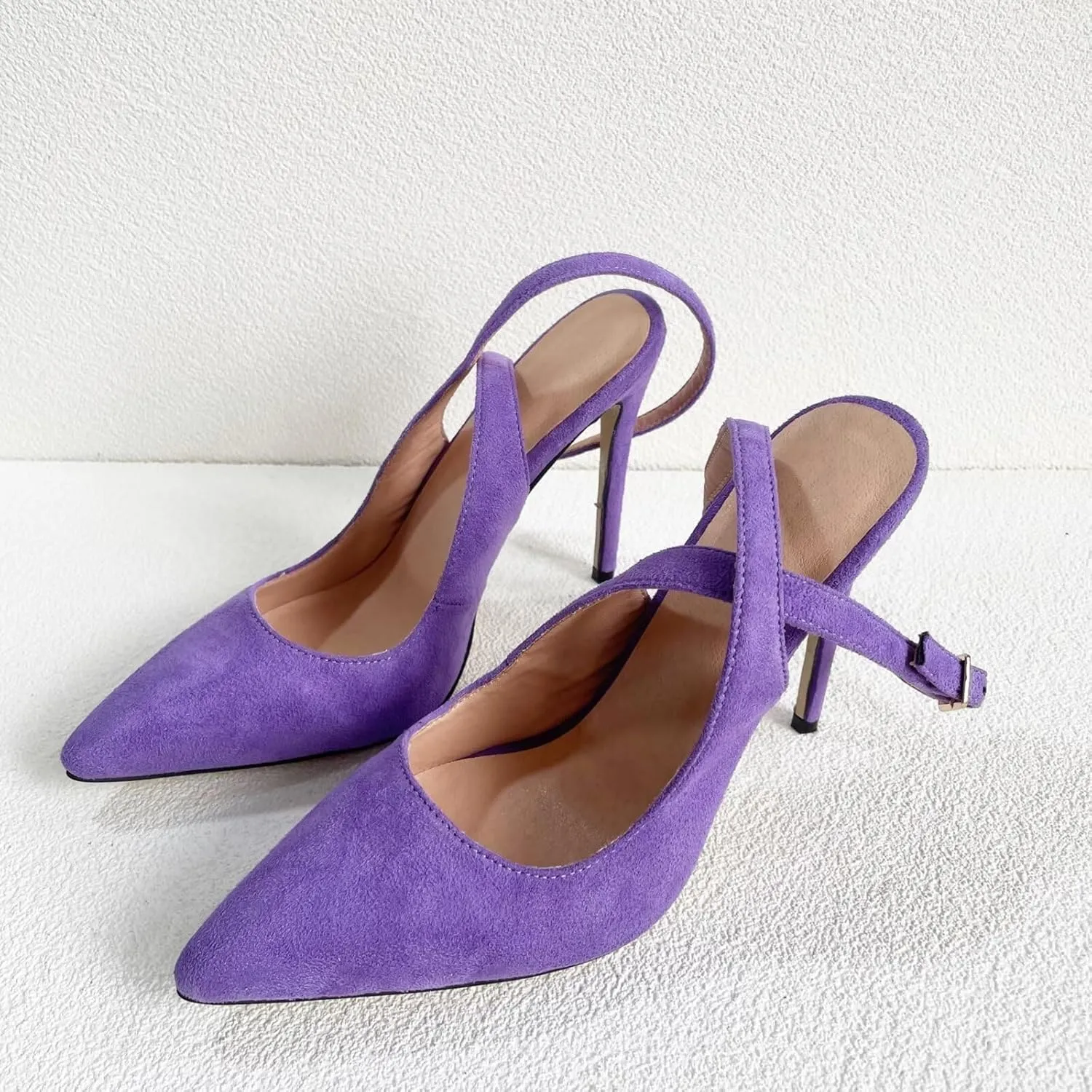 Frankie Hsu Sexy Stiletto High Heeled Sandal, Classic Purple Faux Suede Leather Fashion High Heels Women Slingback Shoes, Big Large Size Designer Pointed Toe Pumps For Women