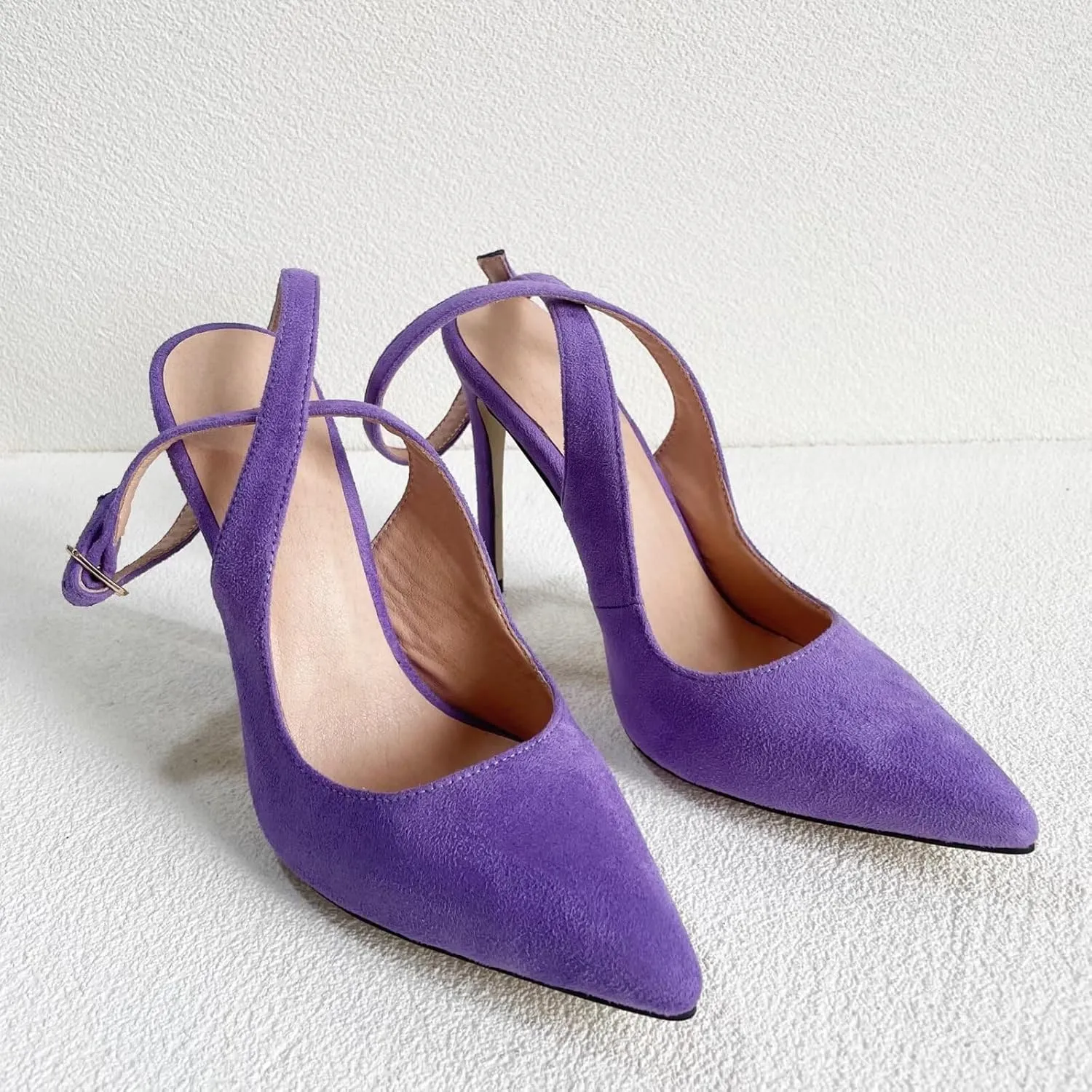 Frankie Hsu Sexy Stiletto High Heeled Sandal, Classic Purple Faux Suede Leather Fashion High Heels Women Slingback Shoes, Big Large Size Designer Pointed Toe Pumps For Women