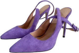Frankie Hsu Sexy Stiletto High Heeled Sandal, Classic Purple Faux Suede Leather Fashion High Heels Women Slingback Shoes, Big Large Size Designer Pointed Toe Pumps For Women