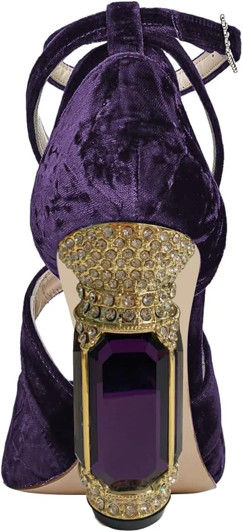 FSJ Women Chic Cross Strap Velvet Pumps Pointed Closed Toe Crystal Chunky High Heel Buckle Ankle Strap Fashion Party Dress Shoes Size 4-16 US