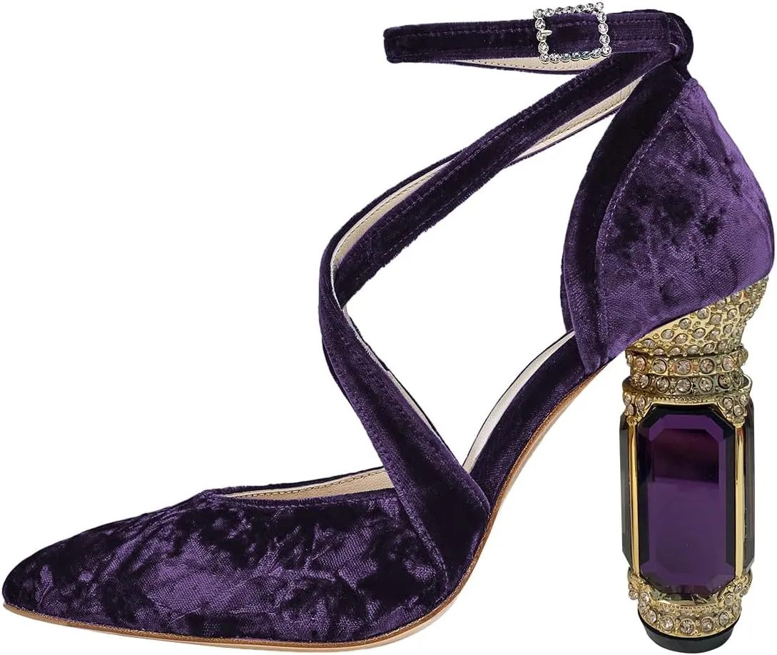 FSJ Women Chic Cross Strap Velvet Pumps Pointed Closed Toe Crystal Chunky High Heel Buckle Ankle Strap Fashion Party Dress Shoes Size 4-16 US