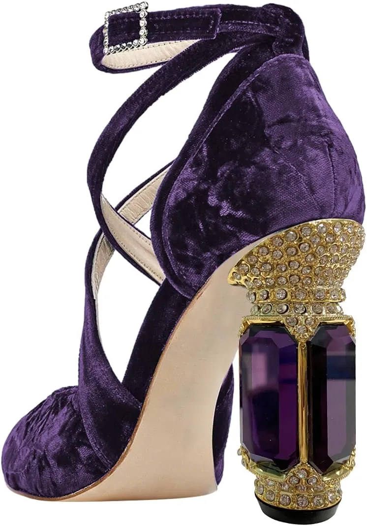 FSJ Women Chic Cross Strap Velvet Pumps Pointed Closed Toe Crystal Chunky High Heel Buckle Ankle Strap Fashion Party Dress Shoes Size 4-16 US