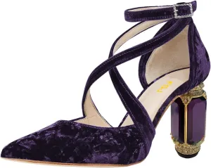 FSJ Women Chic Cross Strap Velvet Pumps Pointed Closed Toe Crystal Chunky High Heel Buckle Ankle Strap Fashion Party Dress Shoes Size 4-16 US