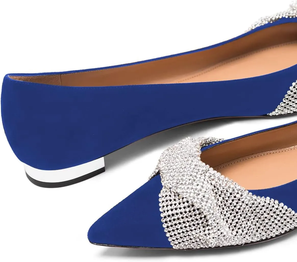 FSJ Women Classic Pointed Toe Rhinestone Sequins Bow Casual Slip on Faux Suede Comfort Low Thick Heel Walking Ballet Flat Shoes Size 4-15 US
