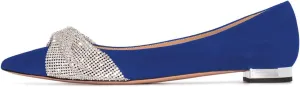 FSJ Women Classic Pointed Toe Rhinestone Sequins Bow Casual Slip on Faux Suede Comfort Low Thick Heel Walking Ballet Flat Shoes Size 4-15 US