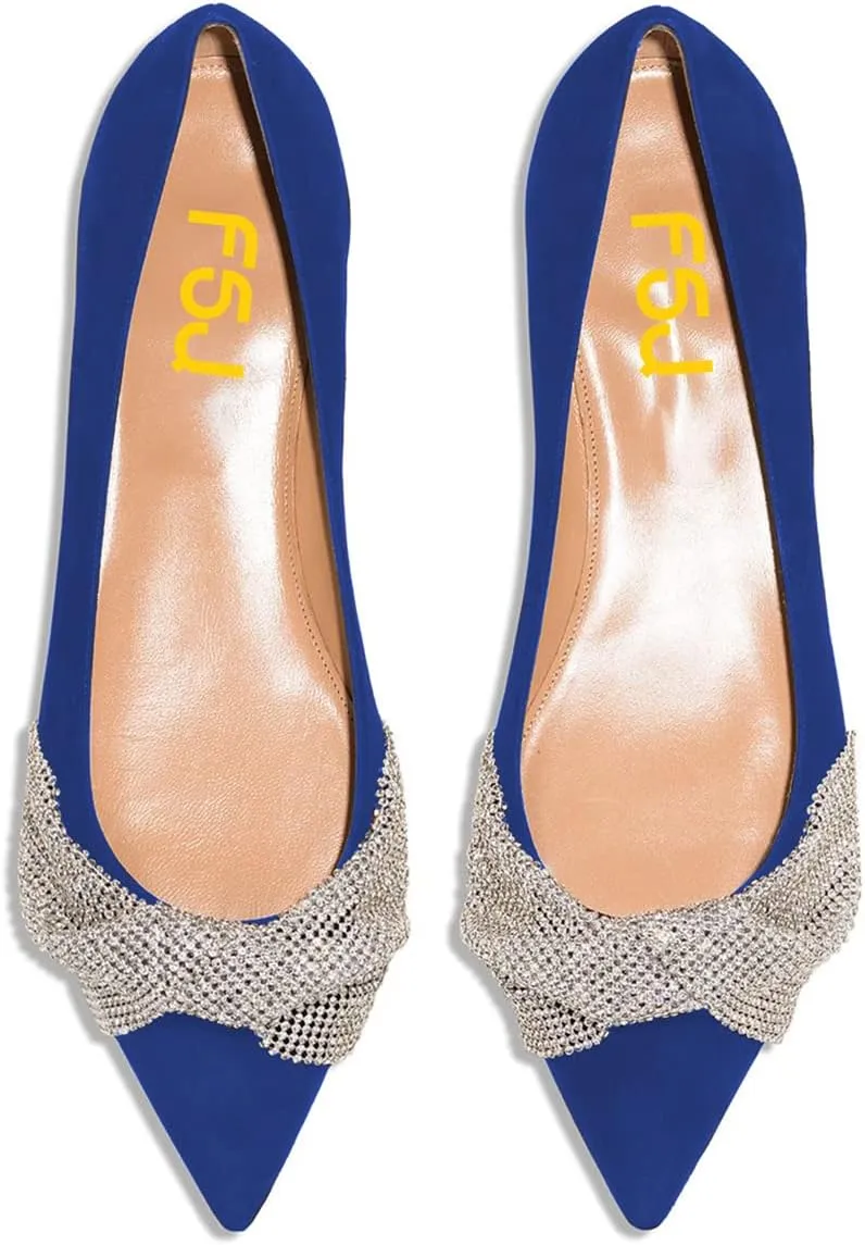 FSJ Women Classic Pointed Toe Rhinestone Sequins Bow Casual Slip on Faux Suede Comfort Low Thick Heel Walking Ballet Flat Shoes Size 4-15 US