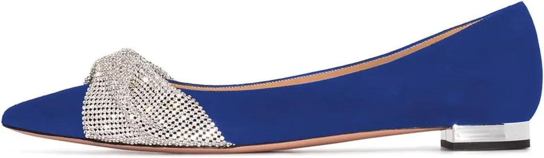 FSJ Women Classic Pointed Toe Rhinestone Sequins Bow Casual Slip on Faux Suede Comfort Low Thick Heel Walking Ballet Flat Shoes Size 4-15 US