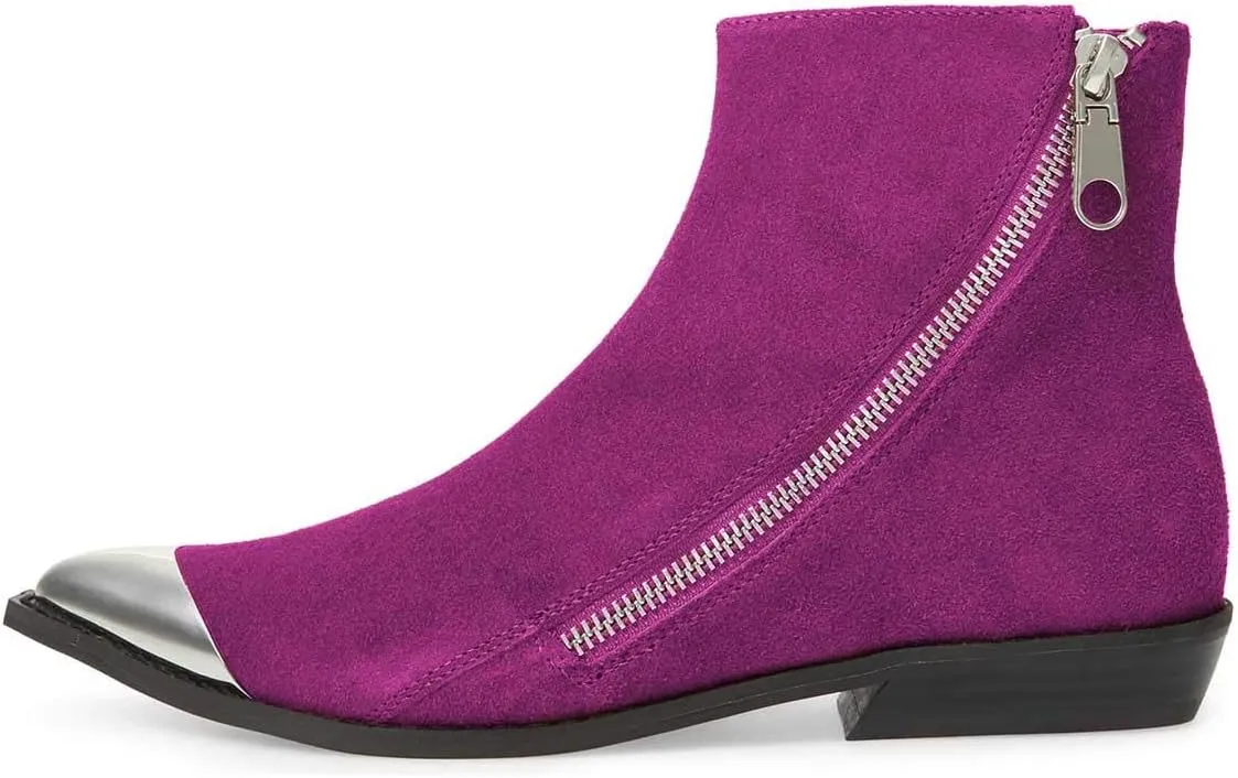FSJ Women Comfy Western Flat Ankle Boots Low Heel Pointed Toe Side Zipper Booties Dress Daily Work Shoes Size 4-15 US