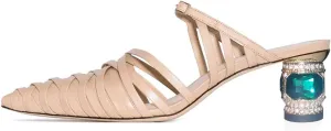 FSJ Women Strappy Crystal Mid Heel Sandals Pointed Toe Slip On Mule Pumps Cutout Chic Shoes