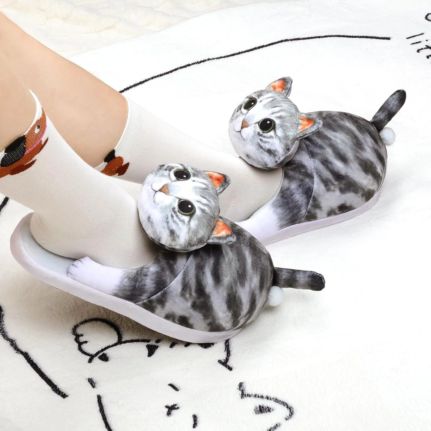 Funny Cat Slippers for Women,Fuzzy Animal Indoor House Shoes with Soft Memory Foam,Comfy Plush Warm Slip-on Slippers,Cat Gifts for Cat Lover