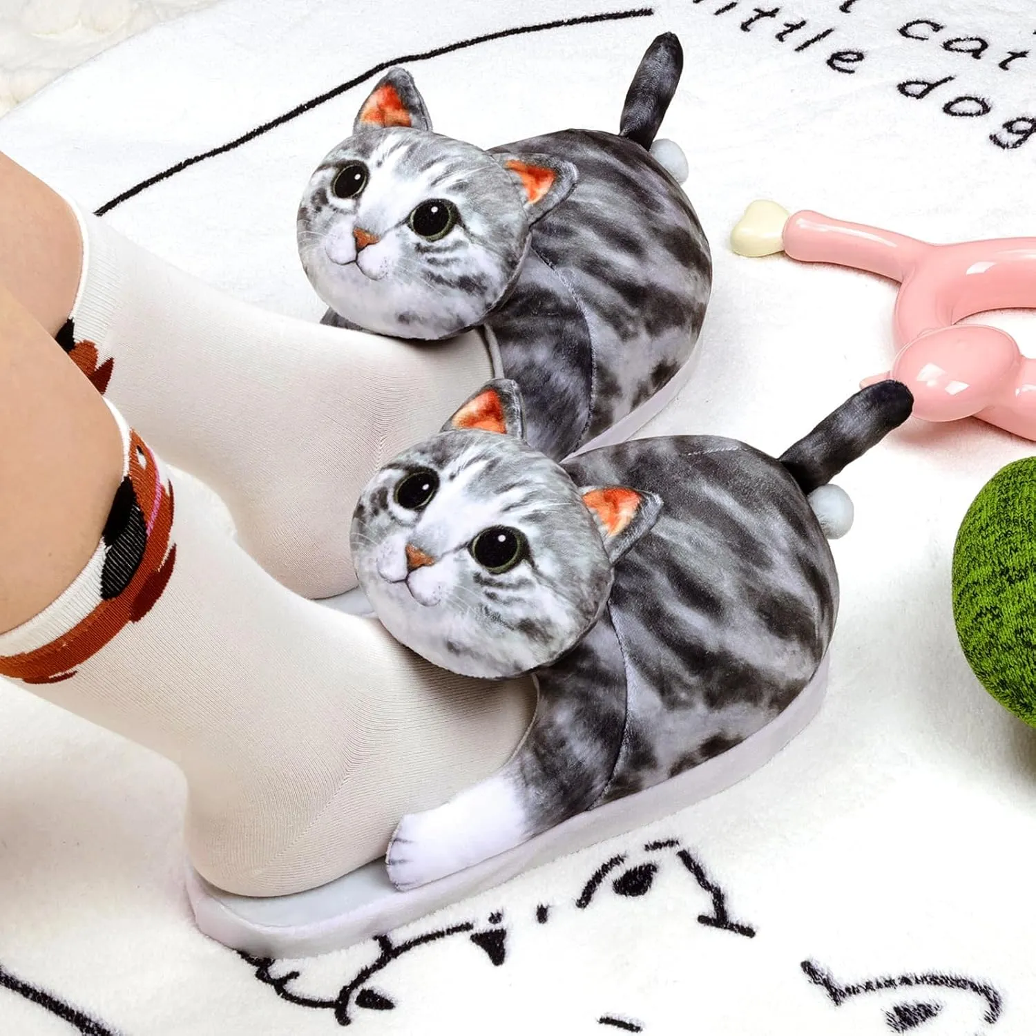 Funny Cat Slippers for Women,Fuzzy Animal Indoor House Shoes with Soft Memory Foam,Comfy Plush Warm Slip-on Slippers,Cat Gifts for Cat Lover