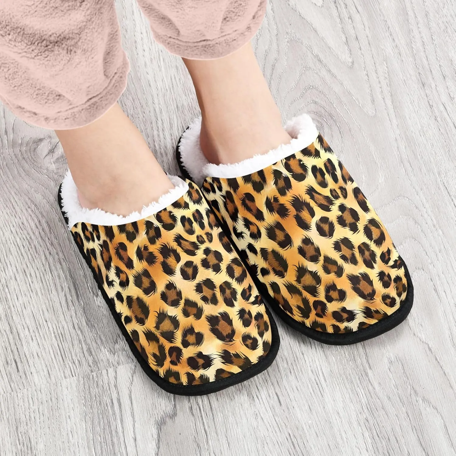 Furry Leopard Skin Print Plush Slippers for Women Men Warm Comfortable Travel Spa Slipper Non-slip House Shoes