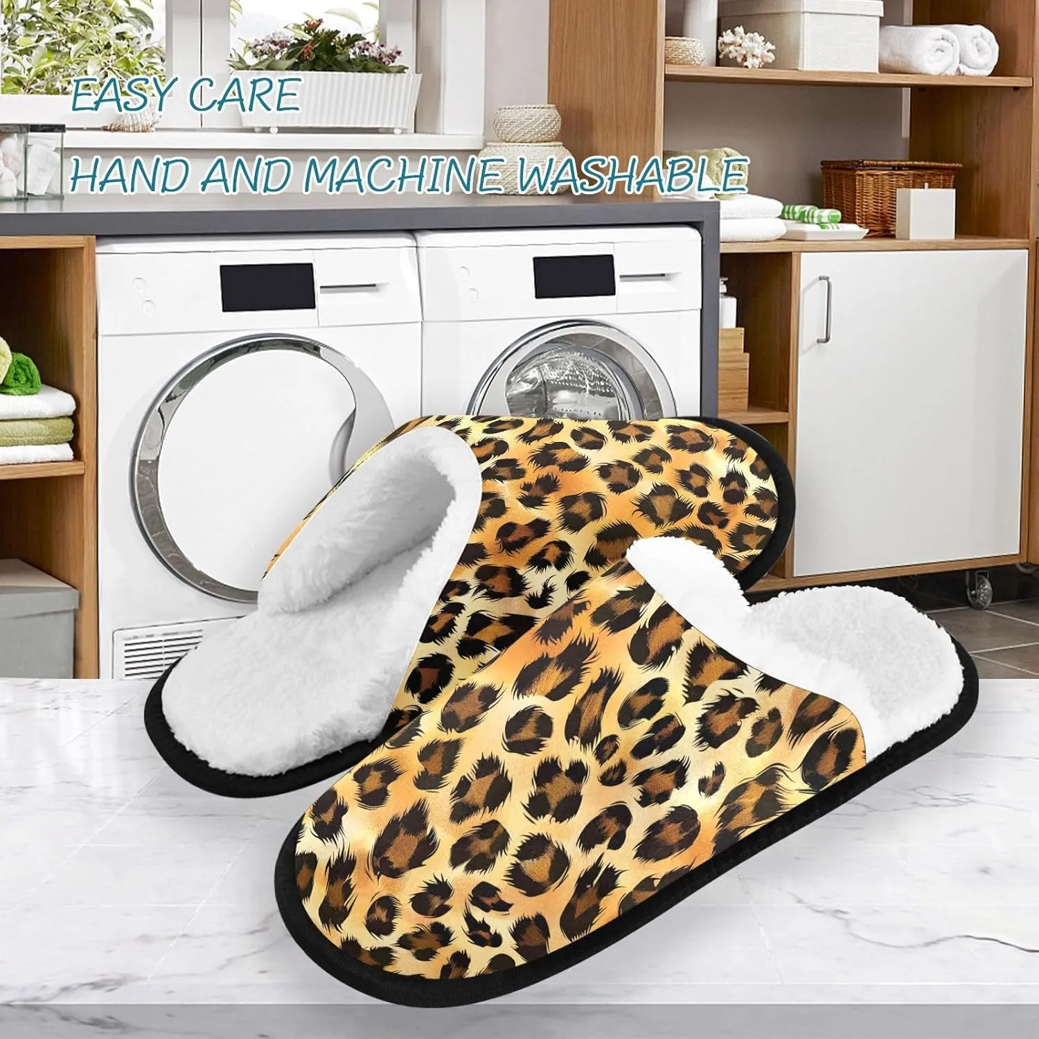 Furry Leopard Skin Print Plush Slippers for Women Men Warm Comfortable Travel Spa Slipper Non-slip House Shoes