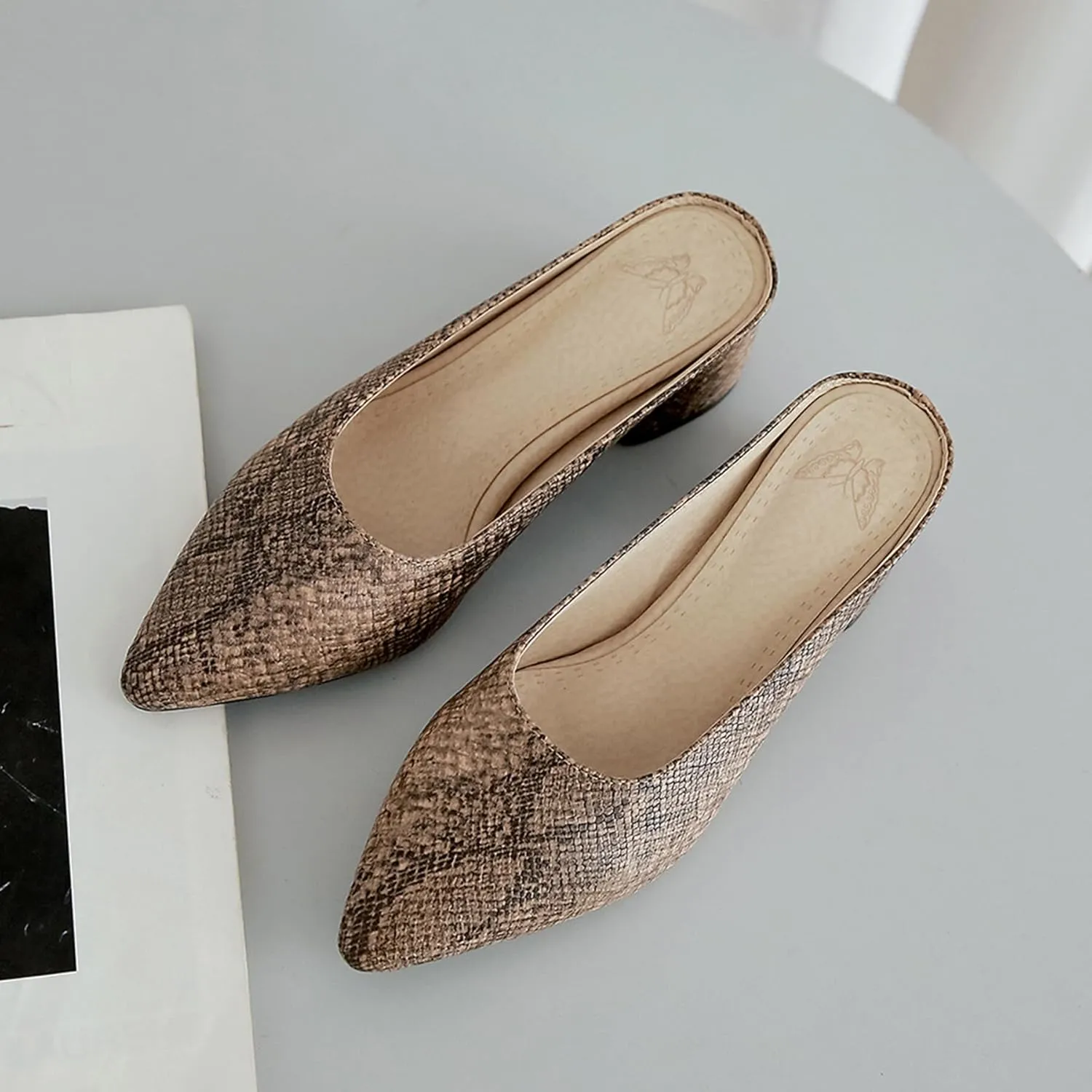 Gicoiz Snakeskin Mule Women Pointed Toe Block Heel Slipper