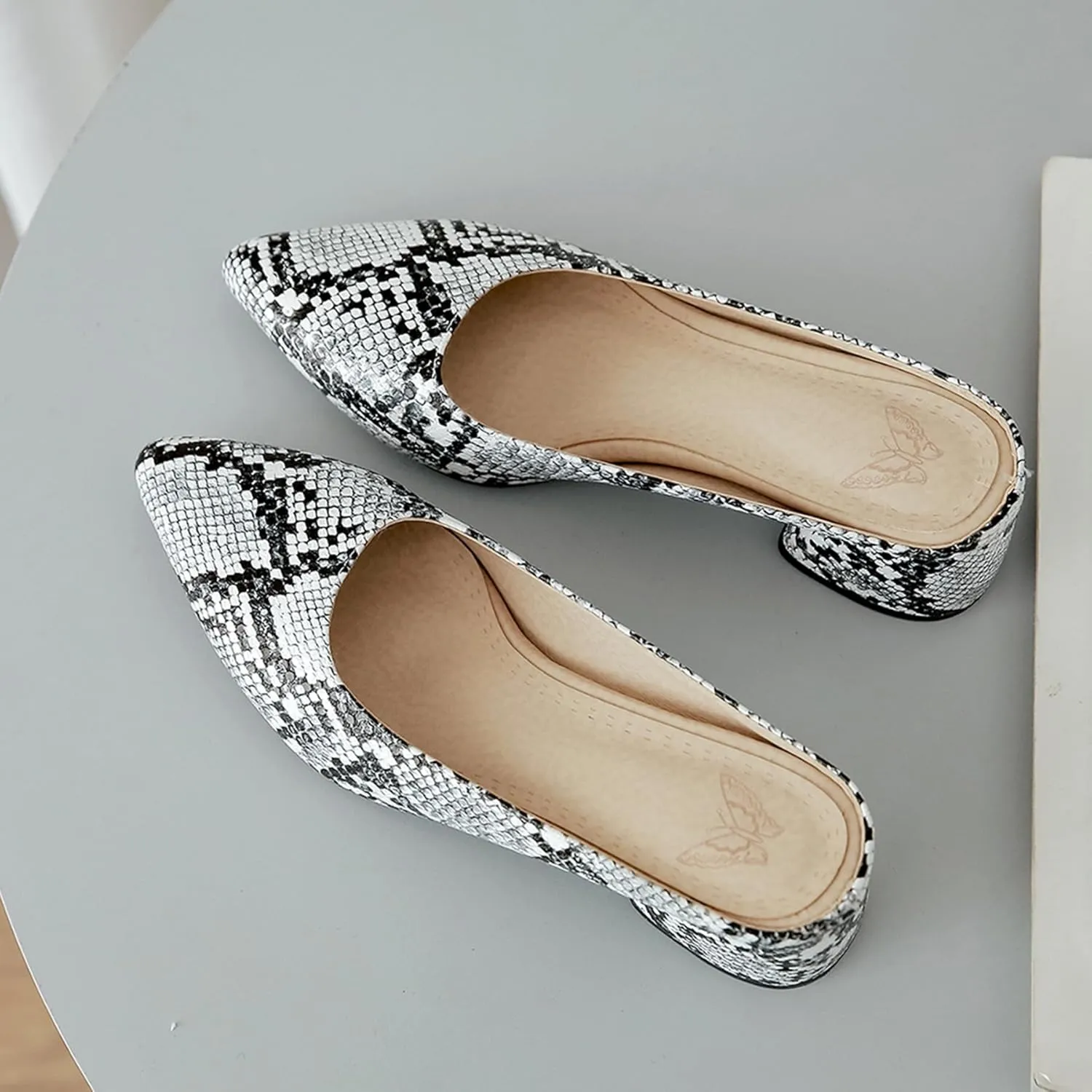Gicoiz Snakeskin Mule Women Pointed Toe Block Heel Slipper
