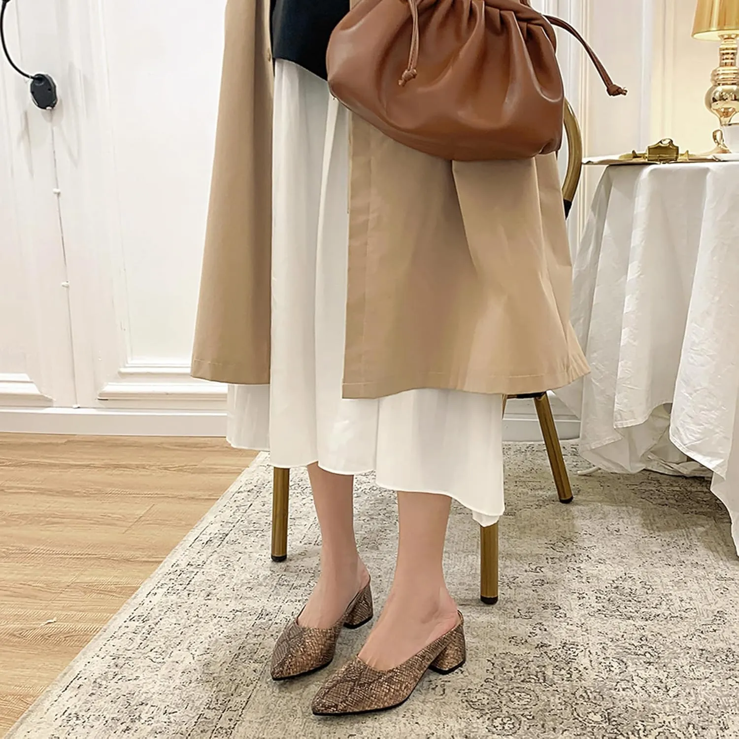 Gicoiz Snakeskin Mule Women Pointed Toe Block Heel Slipper