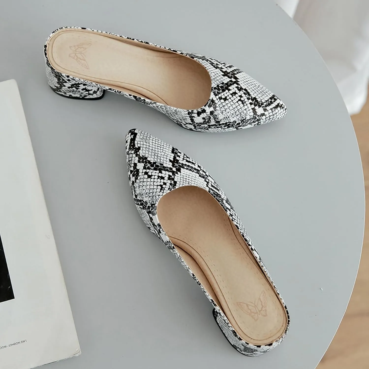 Gicoiz Snakeskin Mule Women Pointed Toe Block Heel Slipper