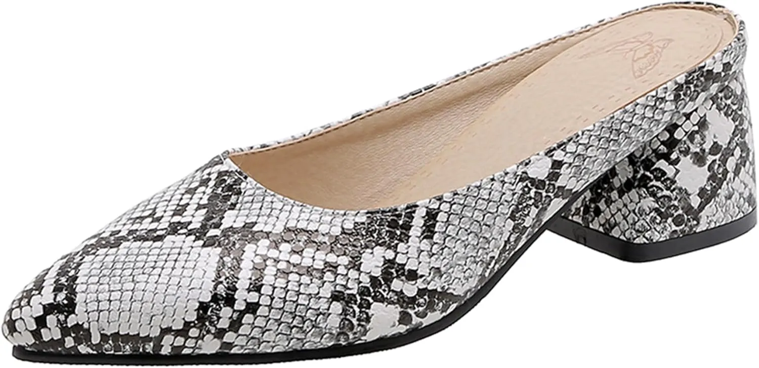 Gicoiz Snakeskin Mule Women Pointed Toe Block Heel Slipper