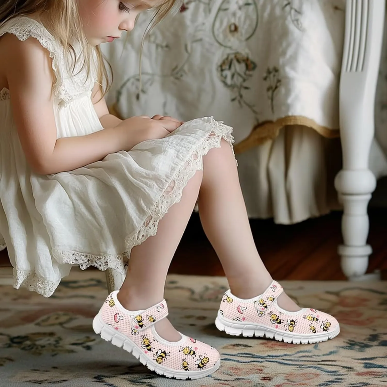 Girls Mary Jane Shoes Honey Bee Mesh Shoes Laceless Ladybug Athletic Low Cut Sneakers with Magic Sticker Slip On Casual Dress Clothes Shoe