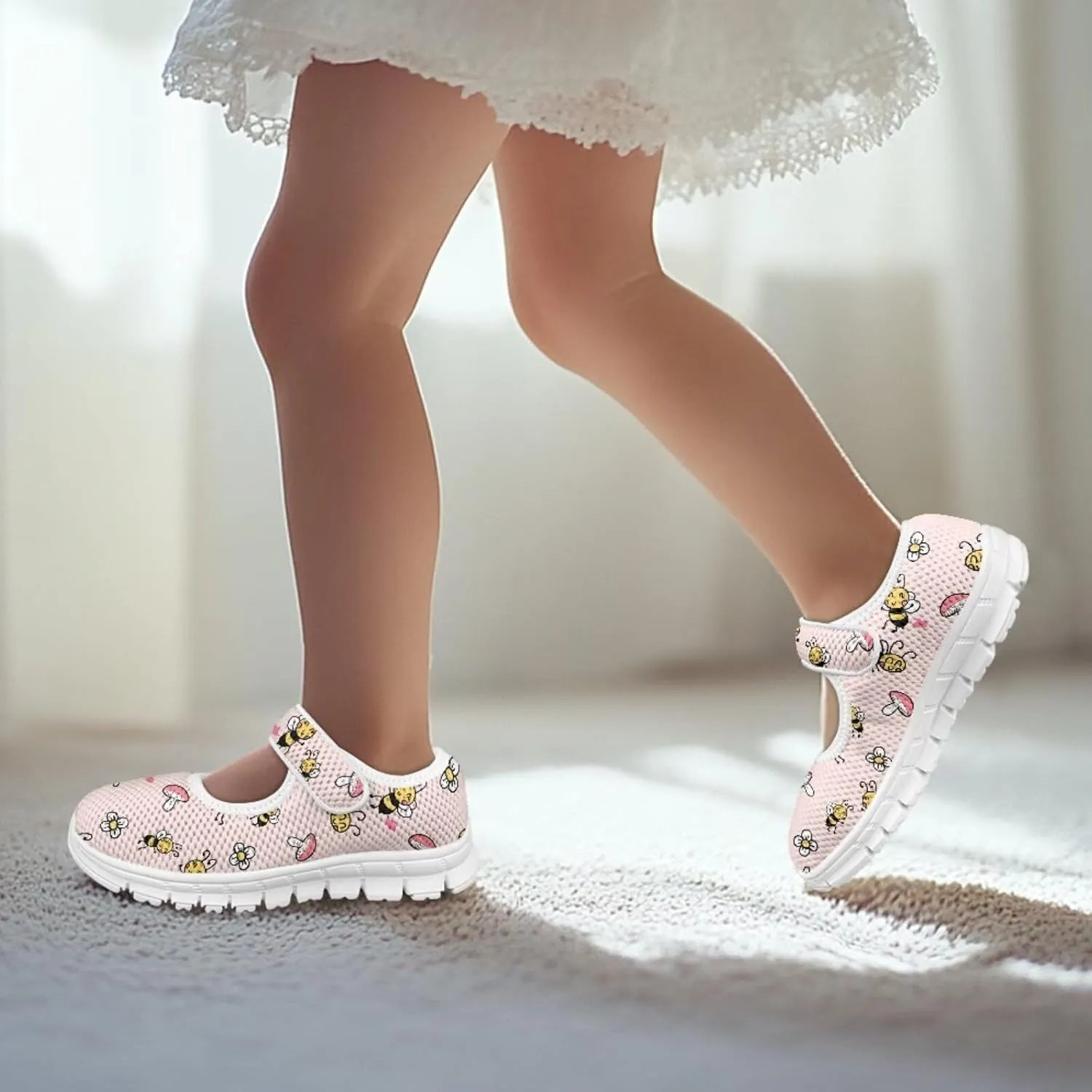 Girls Mary Jane Shoes Honey Bee Mesh Shoes Laceless Ladybug Athletic Low Cut Sneakers with Magic Sticker Slip On Casual Dress Clothes Shoe