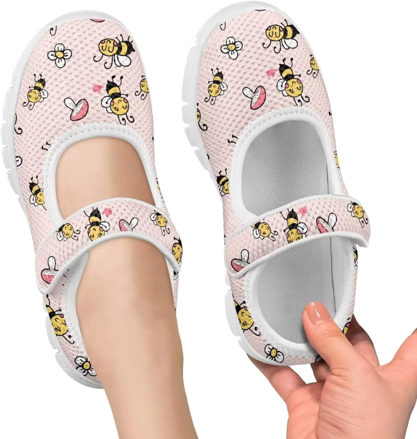 Girls Mary Jane Shoes Honey Bee Mesh Shoes Laceless Ladybug Athletic Low Cut Sneakers with Magic Sticker Slip On Casual Dress Clothes Shoe