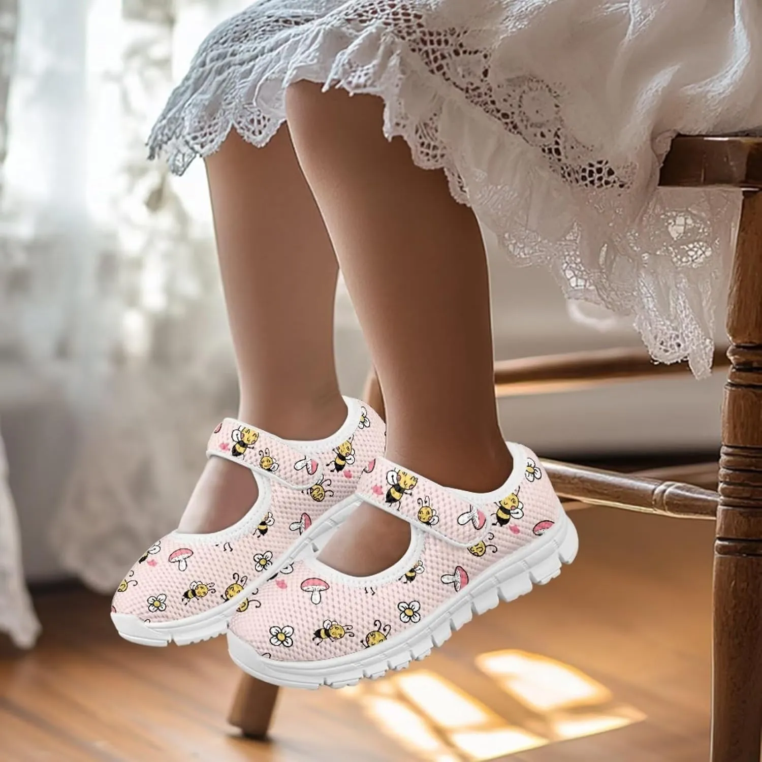 Girls Mary Jane Shoes Honey Bee Mesh Shoes Laceless Ladybug Athletic Low Cut Sneakers with Magic Sticker Slip On Casual Dress Clothes Shoe