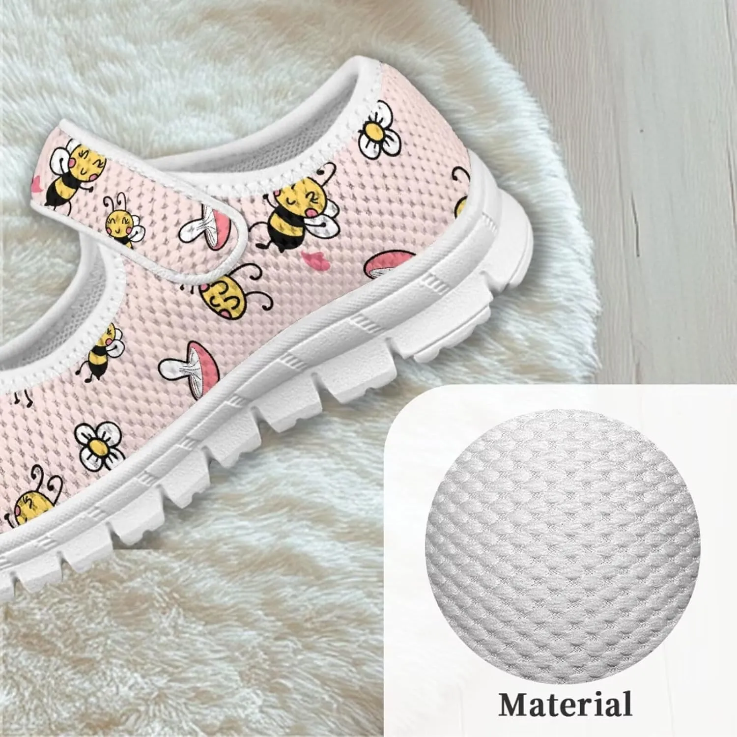 Girls Mary Jane Shoes Honey Bee Mesh Shoes Laceless Ladybug Athletic Low Cut Sneakers with Magic Sticker Slip On Casual Dress Clothes Shoe