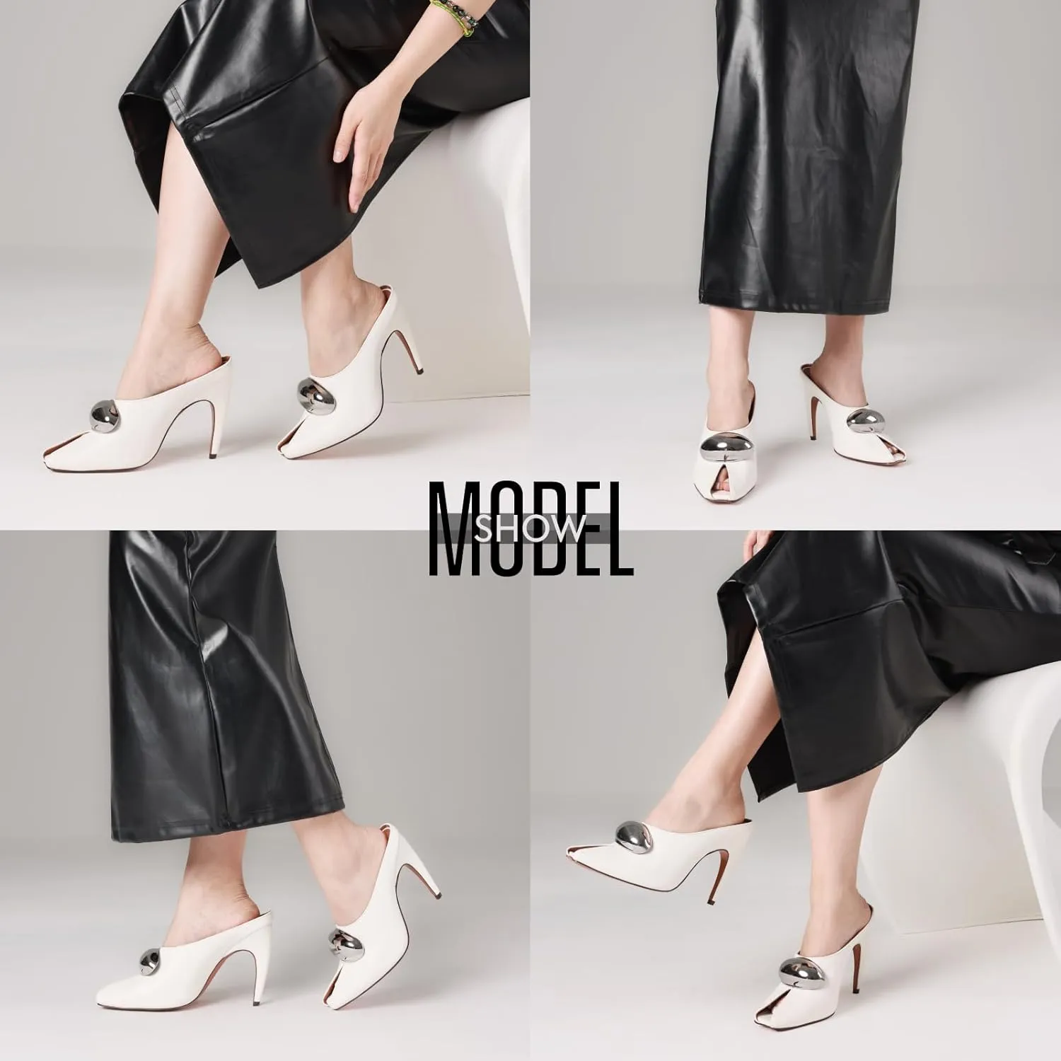 Goiphrri Stiletto Heels for Women Peep Toe Pull on Heeled Mules Kitten heel Mule Sandals Solid Pointed Toe Pumps High Heeled Sandals for Women