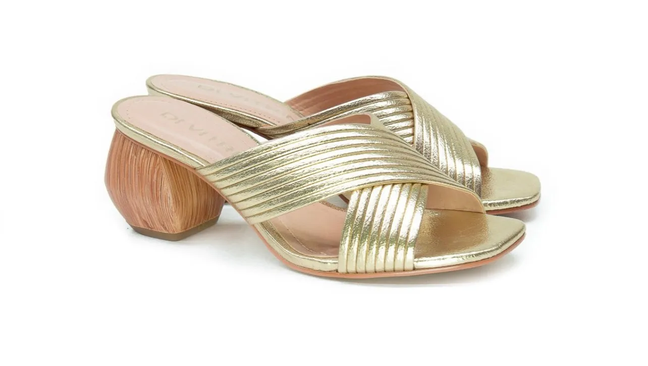 Gold Slip On Mule Heeled Sandal
