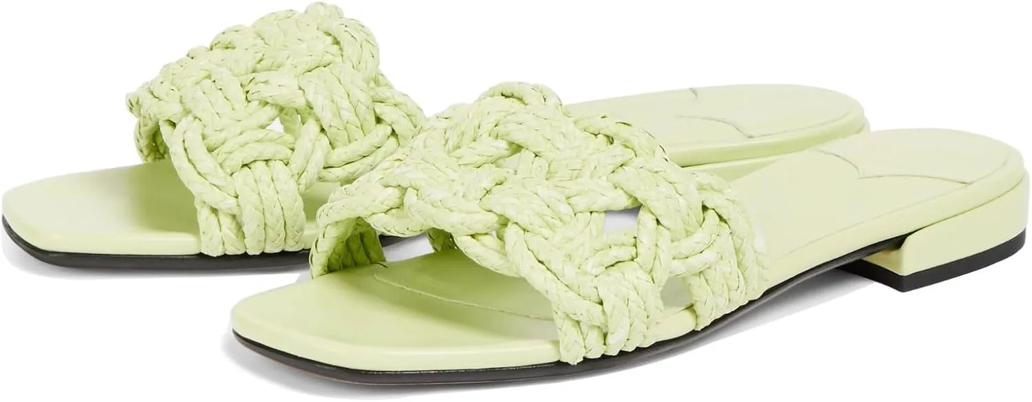 Goolita Summer Woven Raffia Flat Sandals For Women Square Open Toe Slip On Slippers Braided Comfortable Casual Beach Slide Sandals