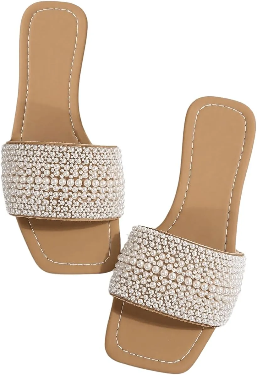 GORGLITTER Women's Pearls Flat Sandals Square Open Toe Summer Slip On Slide Sandals