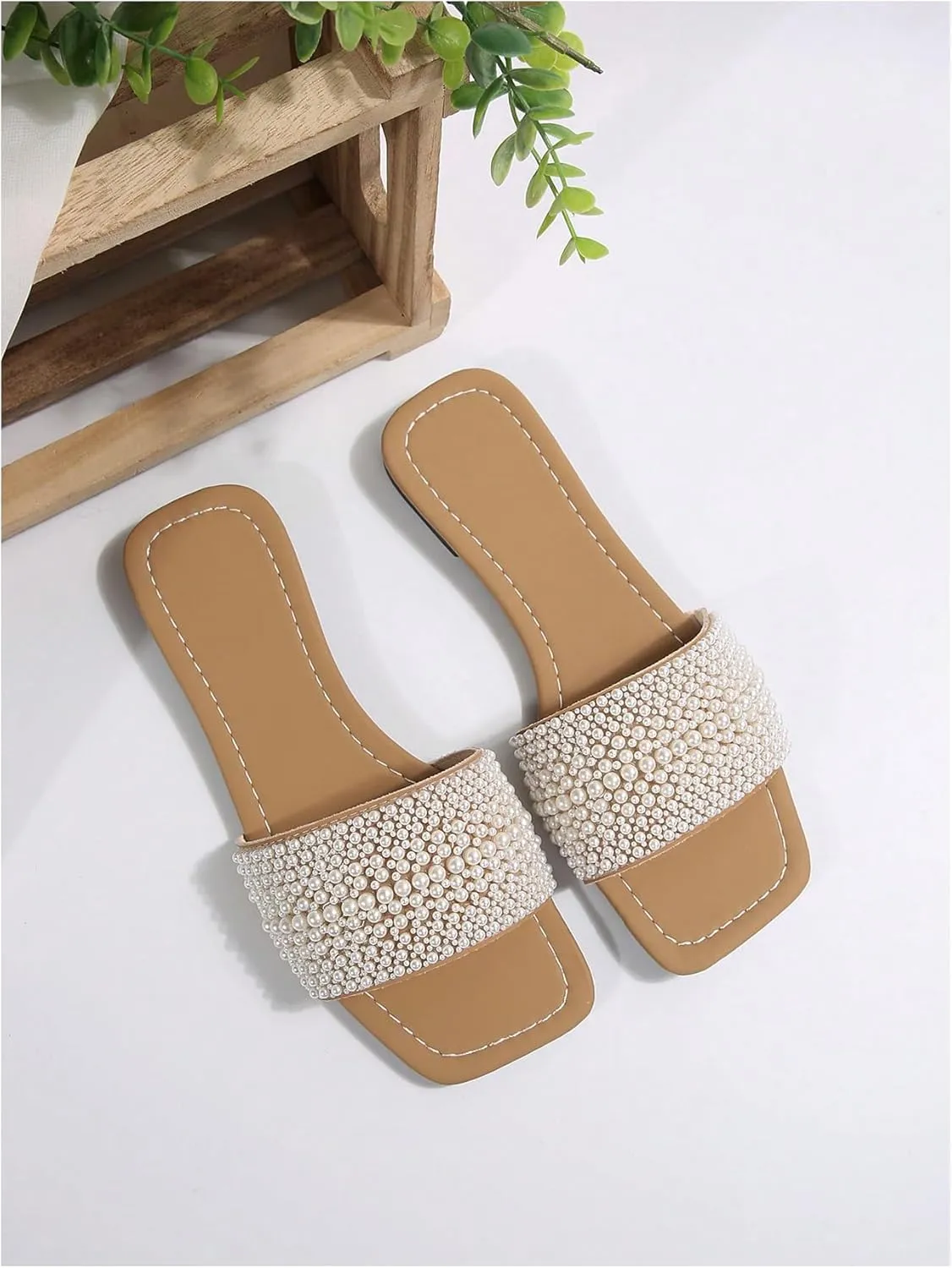 GORGLITTER Women's Pearls Flat Sandals Square Open Toe Summer Slip On Slide Sandals
