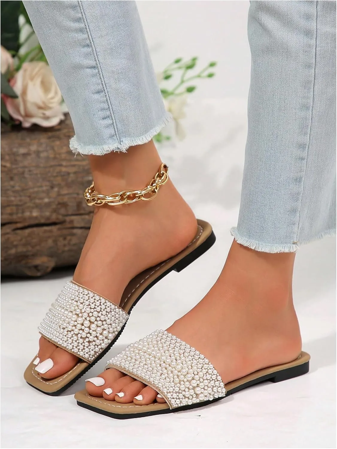 GORGLITTER Women's Pearls Flat Sandals Square Open Toe Summer Slip On Slide Sandals